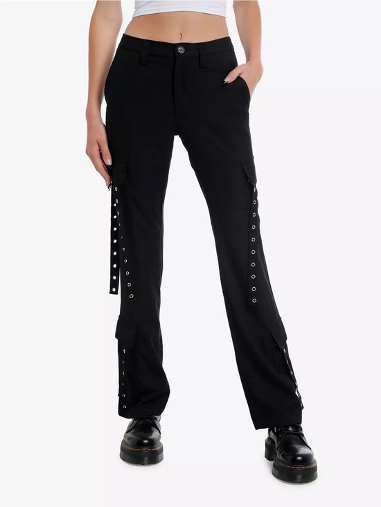 Hot Topic Pants - Hot Topic Black Flared Cargo Pants with Grommet Straps